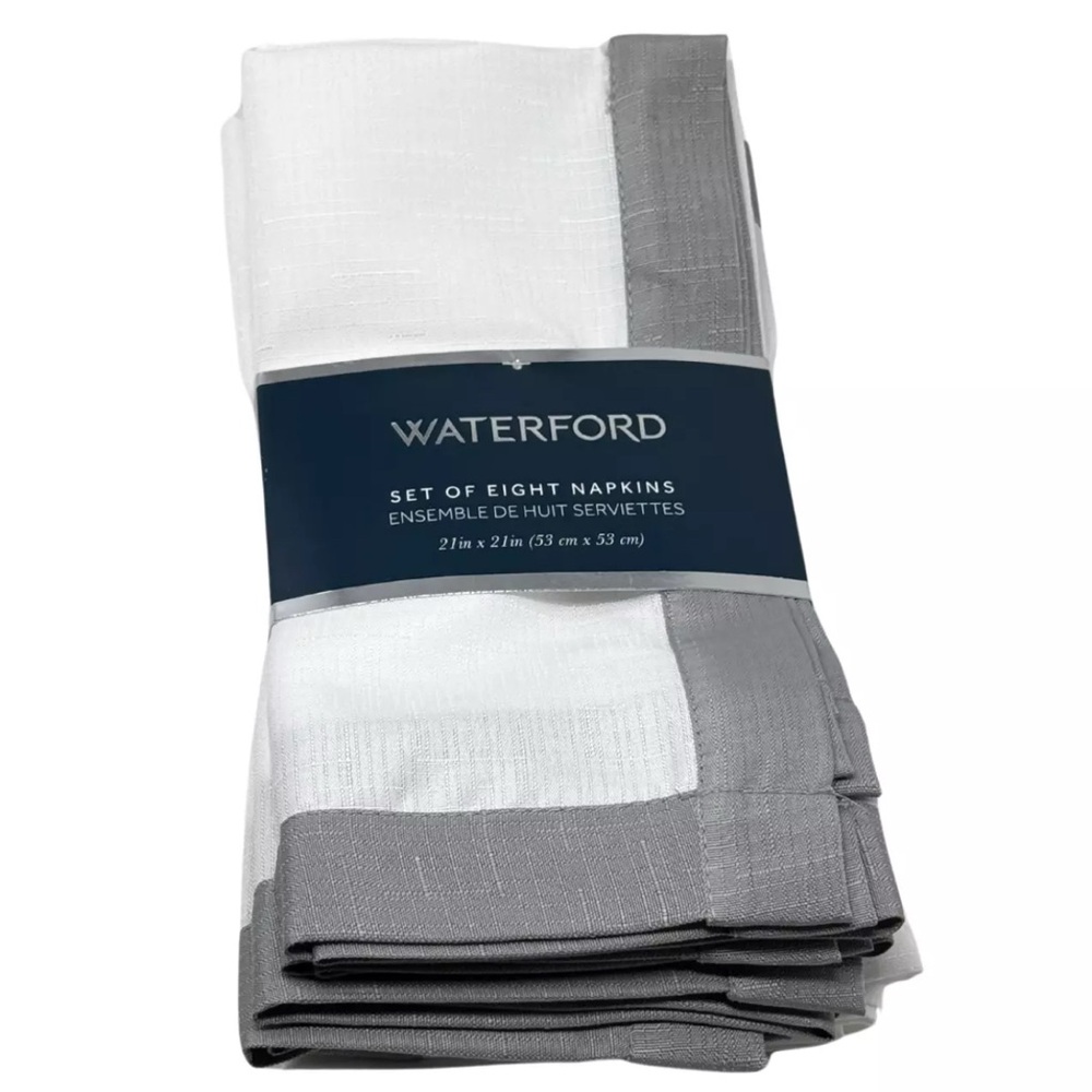 WATERFORD Fine Linens Set of 8 White Platinum Border Cloth Napkins NEW w/ defect